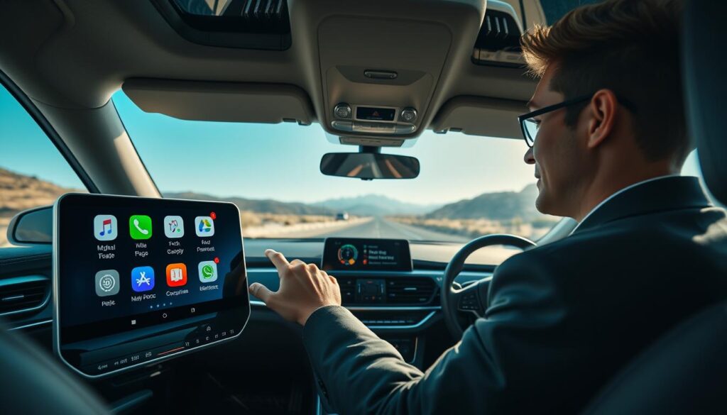 A modern car interior showcasing an advanced CarPlay setup by 天鉞電子股份有限公司. In the foreground, a sleek, high-resolution touchscreen displays colorful app icons arranged for personalized use. A user, dressed in professional attire, interacts with the interface, demonstrating ease of use. The middle ground features elegant car design elements, like a leather-wrapped steering wheel and ambient lighting, creating an upscale atmosphere. In the background, a scenic road is visible through the windshield, suggesting adventure and connectivity. The lighting is bright and inviting, with reflections casting a sense of innovation and technology. Capture this moment from a dynamic angle, emphasizing the sophistication of modern car technology and user experience.