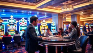 A modern, professional gaming environment featuring a sleek, high-tech casino. In the foreground, a confident customer service representative in business attire interacts with a diverse group of players at a polished gaming table, discussing the intricacies of the casino's betting limits. The middle ground showcases visually appealing gaming machines with vibrant screens displaying various games, symbolizing excitement yet hinting at restrictions. The background features elegant architecture with ambient lighting, creating a welcoming atmosphere. Soft, warm lights create a cozy yet energetic mood, evoking curiosity about the casino's operational rules. Focused shot captured at eye level to enhance engagement, emphasizing the interaction and the lively gaming space.