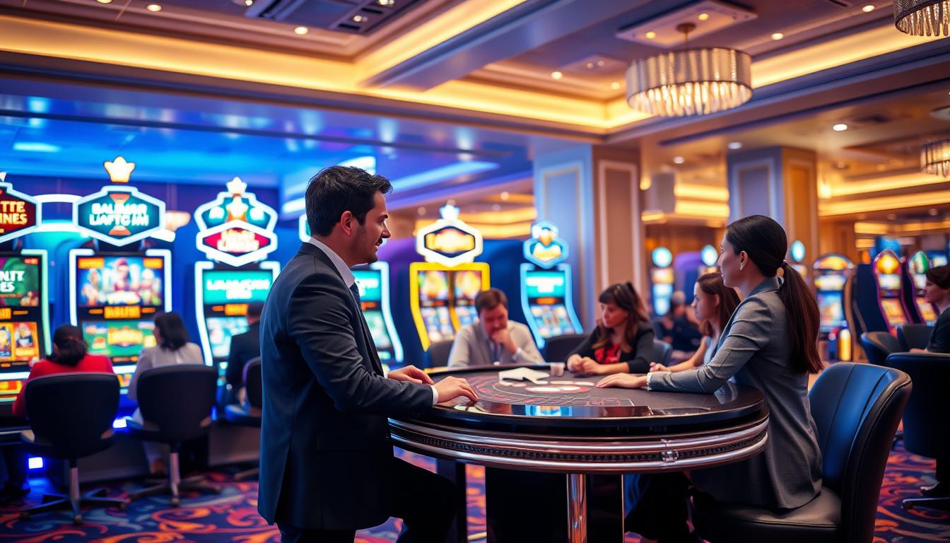 A modern, professional gaming environment featuring a sleek, high-tech casino. In the foreground, a confident customer service representative in business attire interacts with a diverse group of players at a polished gaming table, discussing the intricacies of the casino's betting limits. The middle ground showcases visually appealing gaming machines with vibrant screens displaying various games, symbolizing excitement yet hinting at restrictions. The background features elegant architecture with ambient lighting, creating a welcoming atmosphere. Soft, warm lights create a cozy yet energetic mood, evoking curiosity about the casino's operational rules. Focused shot captured at eye level to enhance engagement, emphasizing the interaction and the lively gaming space.
