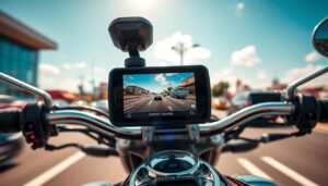 A motorcycle dashcam mounted on a sleek motorbike, capturing a vibrant street scene as it records in a loop. The focus is on the device's screen displaying a sequence of video frames illustrating the continuous loop recording feature. In the foreground, the motorbike's handlebars and dashboard can be seen, with the sun reflecting on the chrome details. The middle ground features a busy urban street with blurred motion of passing vehicles, symbolizing the ongoing recording. The background showcases a clear blue sky dotted with a few clouds, creating a lively atmosphere. The lighting is bright and natural, emphasizing the device's high-definition capabilities. The angle is slightly tilted down, showcasing both the motorbike and the dashcam's screen effectively.