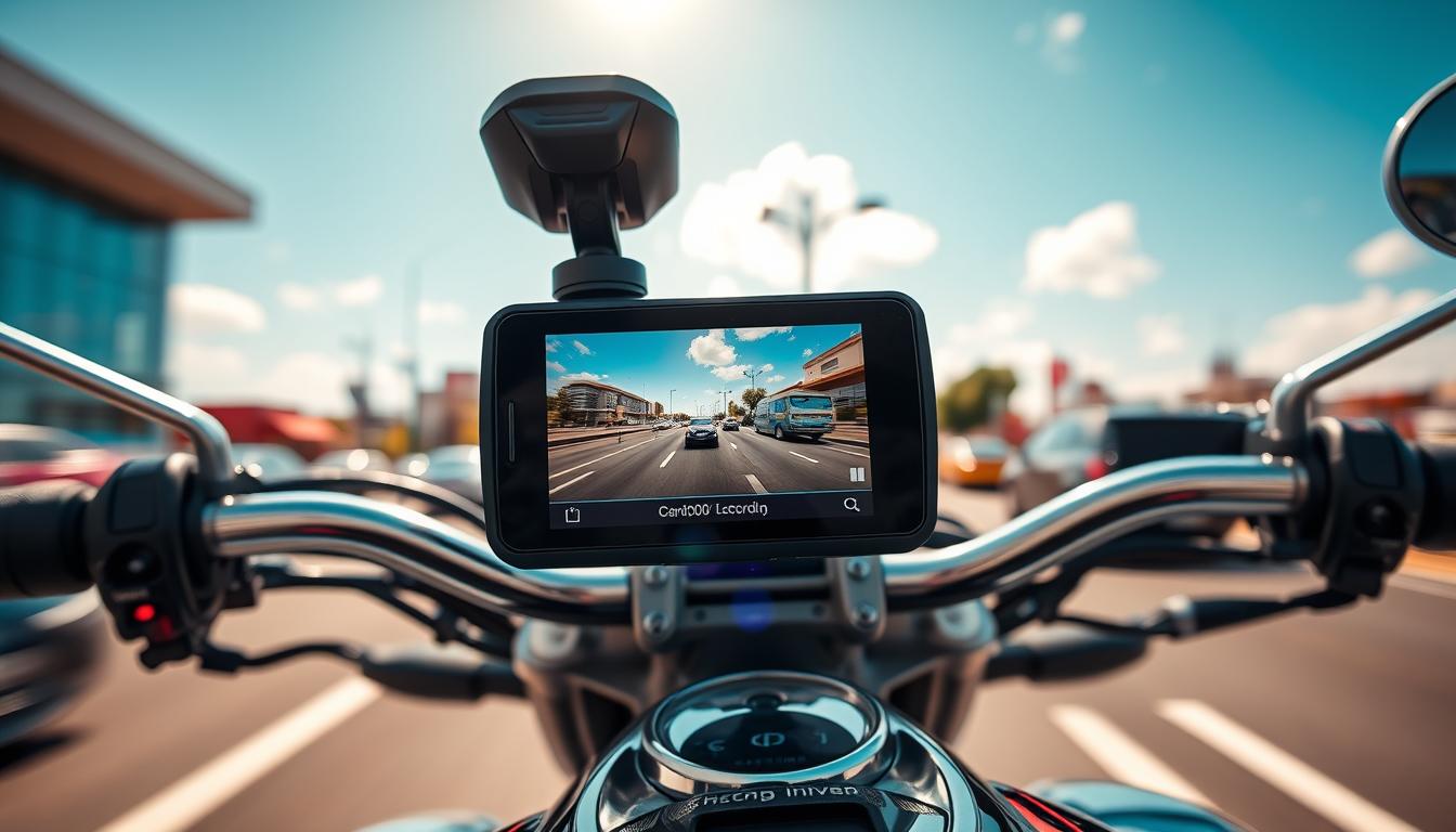A motorcycle dashcam mounted on a sleek motorbike, capturing a vibrant street scene as it records in a loop. The focus is on the device's screen displaying a sequence of video frames illustrating the continuous loop recording feature. In the foreground, the motorbike's handlebars and dashboard can be seen, with the sun reflecting on the chrome details. The middle ground features a busy urban street with blurred motion of passing vehicles, symbolizing the ongoing recording. The background showcases a clear blue sky dotted with a few clouds, creating a lively atmosphere. The lighting is bright and natural, emphasizing the device's high-definition capabilities. The angle is slightly tilted down, showcasing both the motorbike and the dashcam's screen effectively.