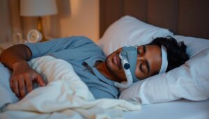 A peaceful bedroom scene at night, featuring a diverse individual in modest sleep attire, comfortably asleep while using a CPAP machine. The person lies on their side, maintaining a relaxed posture to alleviate neck strain—focused on proper alignment of the head, neck, and spine. The fluffy pillows support their head, and a soft blanket drapes over them. In the background, a bedside table holds essential items like water and a clock with soft lighting illuminating the room, creating a tranquil atmosphere. The angle captures the side of the person's face, emphasizing their calm expression. The overall mood should feel serene, emphasizing the importance of comfort while using a sleep apnea device.