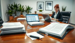 A professional office setting featuring a company secretary at a sleek, modern desk surrounded by organized files and documents. In the foreground, a focused secretary in professional attire is diligently preparing special resolution records, with a laptop displaying a spreadsheet of shareholder information. In the middle ground, a polished wooden conference table holds neatly arranged folders, pens, and a legal pad with handwritten notes. The background reveals a well-lit office space, decorated with potted plants and minimalistic artwork, contributing to a calm and efficient atmosphere. Soft diffused lighting highlights the scene, creating a productive and professional mood, ideal for conveying the importance of accurate corporate governance.