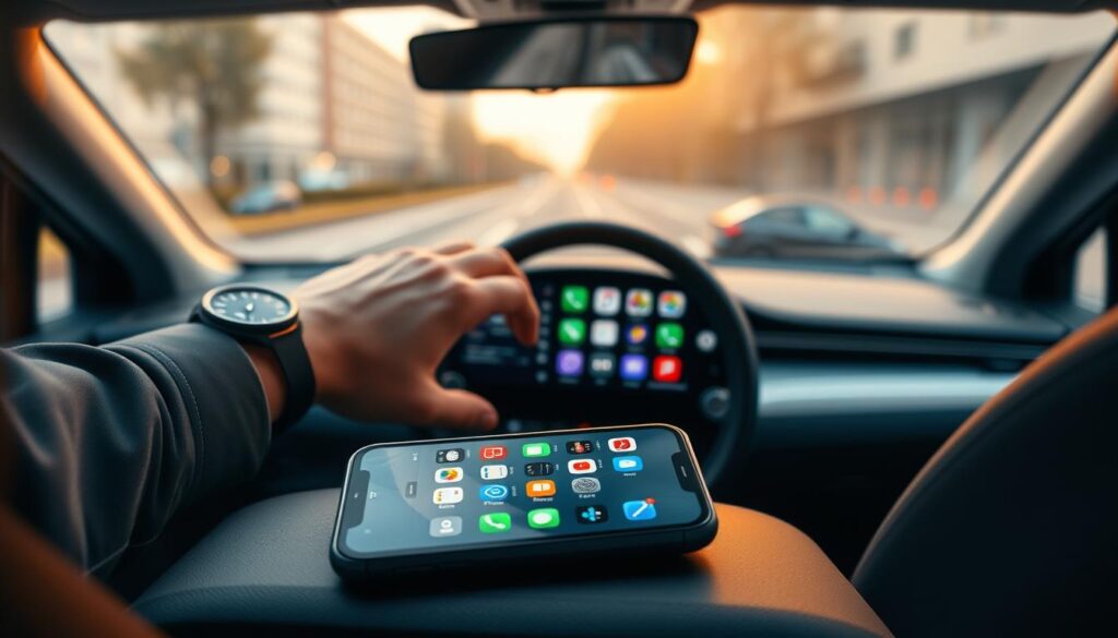 A sleek, modern interior of a car showcasing the setup process for CarPlay on an iPhone. In the foreground, an iPhone resting on a dashboard, displaying the CarPlay interface with various app icons neatly arranged. In the middle, a driver's hand reaching towards the iPhone, indicating interaction with the device, wearing a smart casual outfit. The background reveals soft ambient lighting inside the car, complemented by the view of a city road through the windshield, enhancing the tech-savvy feel. Utilize a warm color palette to create a cozy atmosphere, highlighting the simplicity and convenience of personalizing the CarPlay home screen. The image should be captured with a shallow depth of field to focus on the iPhone while keeping the background slightly blurred.