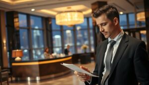 A sophisticated hotel lobby scene portraying the significance of hotel expenditures in a business context. In the foreground, a well-dressed businessperson, wearing a tailored suit, examines a receipt with a thoughtful expression. The middle ground features an elegant reception desk with a smiling concierge, showcasing a luxurious ambiance with warm lighting and tasteful decor. In the background, large windows reveal a vibrant city skyline, adding depth to the scene. The mood is professional and contemplative, emphasizing the importance of proper hotel expense management for businesses. The lighting is soft yet focused, highlighting the detail in the architecture and the figures while creating an inviting atmosphere.