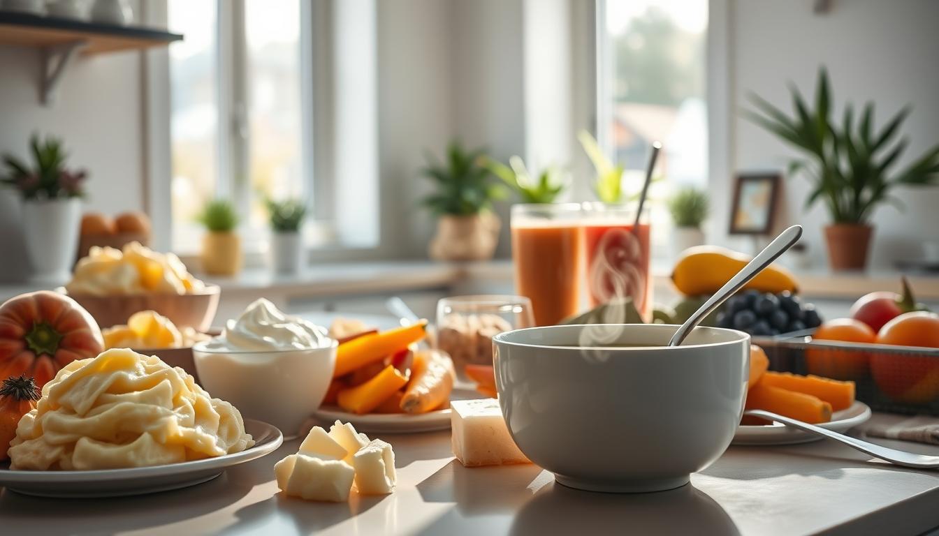 A well-lit, inviting kitchen scene showcasing a variety of soft and nutritious foods ideal for a dental implant recovery diet. In the foreground, a beautifully arranged table features mashed potatoes, yogurt, smoothies, soft fruits, and cooked vegetables, emphasizing the importance of gentle meals. The middle ground shows a gently steaming bowl of soup with a spoon, conveying warmth and care. In the background, sunlight streams through a window, casting a soft glow on light-colored walls and serene plants for an uplifting atmosphere. The mood is calm and reassuring, aiming to inspire confidence in those recovering from dental surgery. The composition is balanced, with a narrow depth of field highlighting the food.