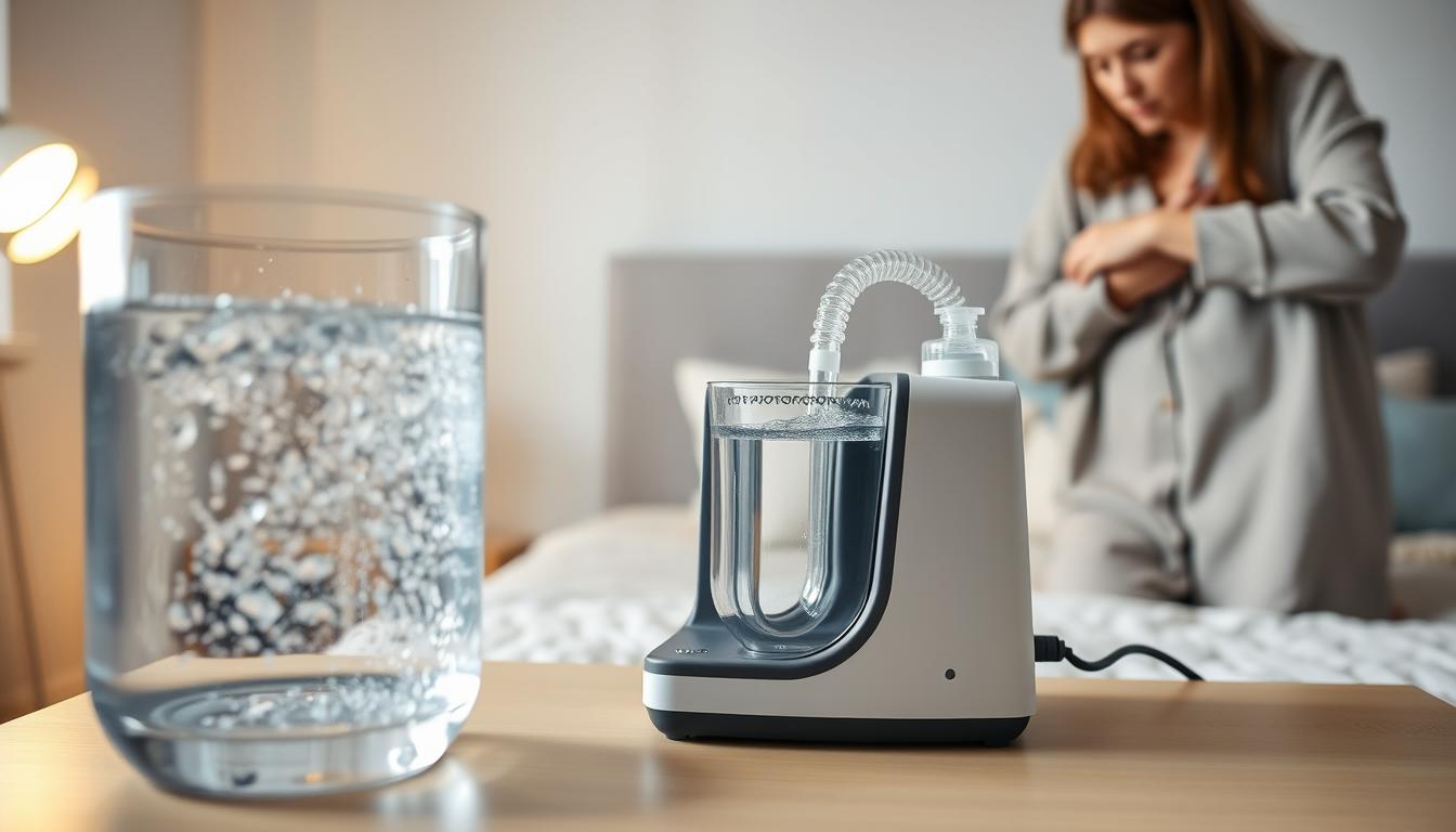 A detailed depiction of a sleep apnea machine in a clean and modern bedroom environment. In the foreground, the water chamber of the machine sparkles with distilled water, emphasizing clarity and purity. In the middle ground, a neatly arranged bedside table holds the machine, while a subtle light source illuminates it, creating a soothing atmosphere. The background features soft, muted colors with a cozy bed and a window subtly letting in natural light. A concerned individual, dressed in modest casual clothing, stands beside the machine, carefully examining the water chamber, suggesting a focus on safety and health. The overall mood is calm and reassuring, highlighting the importance of water quality in respiratory equipment usage.