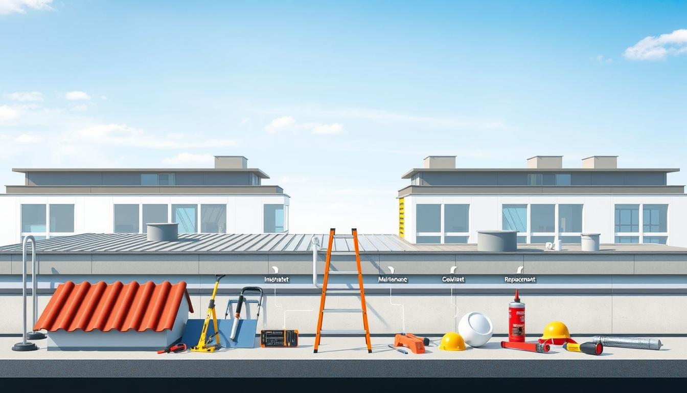 A detailed, informative illustration showcasing the lifecycle of flat roofing sheets. In the foreground, depict various stages of roofing sheets, including installation, maintenance, deterioration, and replacement, organized in a timeline format. The middle ground should include tools and materials used in roofing maintenance, like a ladder, sealant, and inspection equipment. The background features a modern building with flat rooftops under a clear blue sky, emphasizing the urban setting. Use soft, natural lighting to create an inviting and professional atmosphere. Capture the scene from a slightly elevated angle to provide a comprehensive view, promoting clarity and understanding of the lifecycle concept.