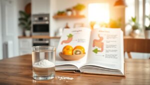 A serene and informative scene illustrating collagen absorption techniques. In the foreground, a glass of clear liquid with a spoonful of powdered collagen, set on a wooden table. In the middle, an open textbook with illustrations of the digestive system and arrows indicating absorption pathways, alongside a small bowl of fruits rich in vitamin C, like oranges and kiwi. In the background, softly blurred, there's a sunlit kitchen with plants and natural decor, enhancing the atmosphere of wellness. The lighting is warm and inviting, reflecting a calm morning. The overall mood is professional yet approachable, emphasizing health and science without any text or distractions.