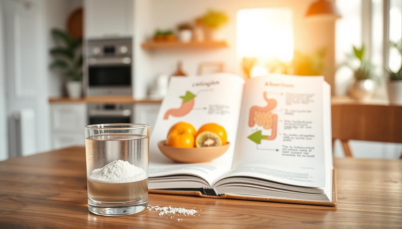 A serene and informative scene illustrating collagen absorption techniques. In the foreground, a glass of clear liquid with a spoonful of powdered collagen, set on a wooden table. In the middle, an open textbook with illustrations of the digestive system and arrows indicating absorption pathways, alongside a small bowl of fruits rich in vitamin C, like oranges and kiwi. In the background, softly blurred, there's a sunlit kitchen with plants and natural decor, enhancing the atmosphere of wellness. The lighting is warm and inviting, reflecting a calm morning. The overall mood is professional yet approachable, emphasizing health and science without any text or distractions.