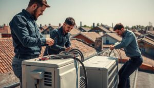 A professional air conditioning installation scene on a village rooftop, focusing on technicians dressed in smart casual clothing working on a unit. In the foreground, one technician is carefully examining the air conditioning unit, while another is securing hoses and wires. The middle background features the rooftops of a village with some houses showing the distinct sloping roofs typical of traditional architecture. The setting includes bright sunlight, casting soft shadows that highlight the technicians' focused expressions. The sky is clear, indicating a sunny day, emphasizing the need for efficient cooling solutions. Warm tones create a productive and industrious atmosphere, conveying the importance of planning for sunlight and heat when installing air conditioners in this environment.