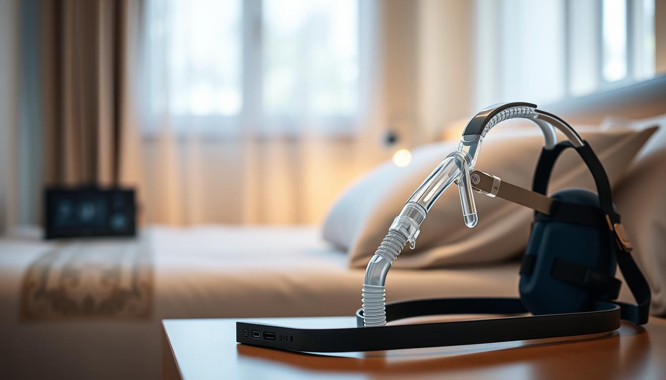 A serene bedroom setting featuring a sophisticated CPAP nasal mask designed for sensitive skin. In the foreground, a well-lit bedside table displays the CPAP machine alongside the nasal mask, showcasing its soft silicone cushion and adjustable straps. The middle ground includes a comfortable bed with a neatly arranged pillow and soft linens, suggesting a restful environment ideal for sleep. In the background, a soft-focus window reveals gentle morning light filtering through sheer curtains, creating a calm and inviting atmosphere. The mood is tranquil and comforting, emphasizing the importance of comfort for users with sensitive skin. The scene conveys a sense of relaxation and wellness, highlighting the thoughtful design of the CPAP mask without any text or distractions.