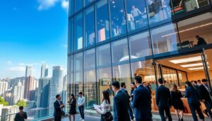 A modern office building in Wan Chai, Hong Kong, bustling with activity, showcasing competitive rental options. In the foreground, a sleek glass entrance with a welcoming lobby filled with professional individuals in business attire, discussing and viewing brochures. In the middle ground, a variety of office spaces visible through large windows, some occupied by focused professionals working at desks, others showcasing stylish meeting rooms with glass partitions. The background features the iconic city skyline with high-rise buildings under a clear blue sky, illuminated by warm, natural sunlight. The scene conveys a vibrant and competitive atmosphere, emphasizing the dynamic nature of the Wan Chai commercial real estate market.