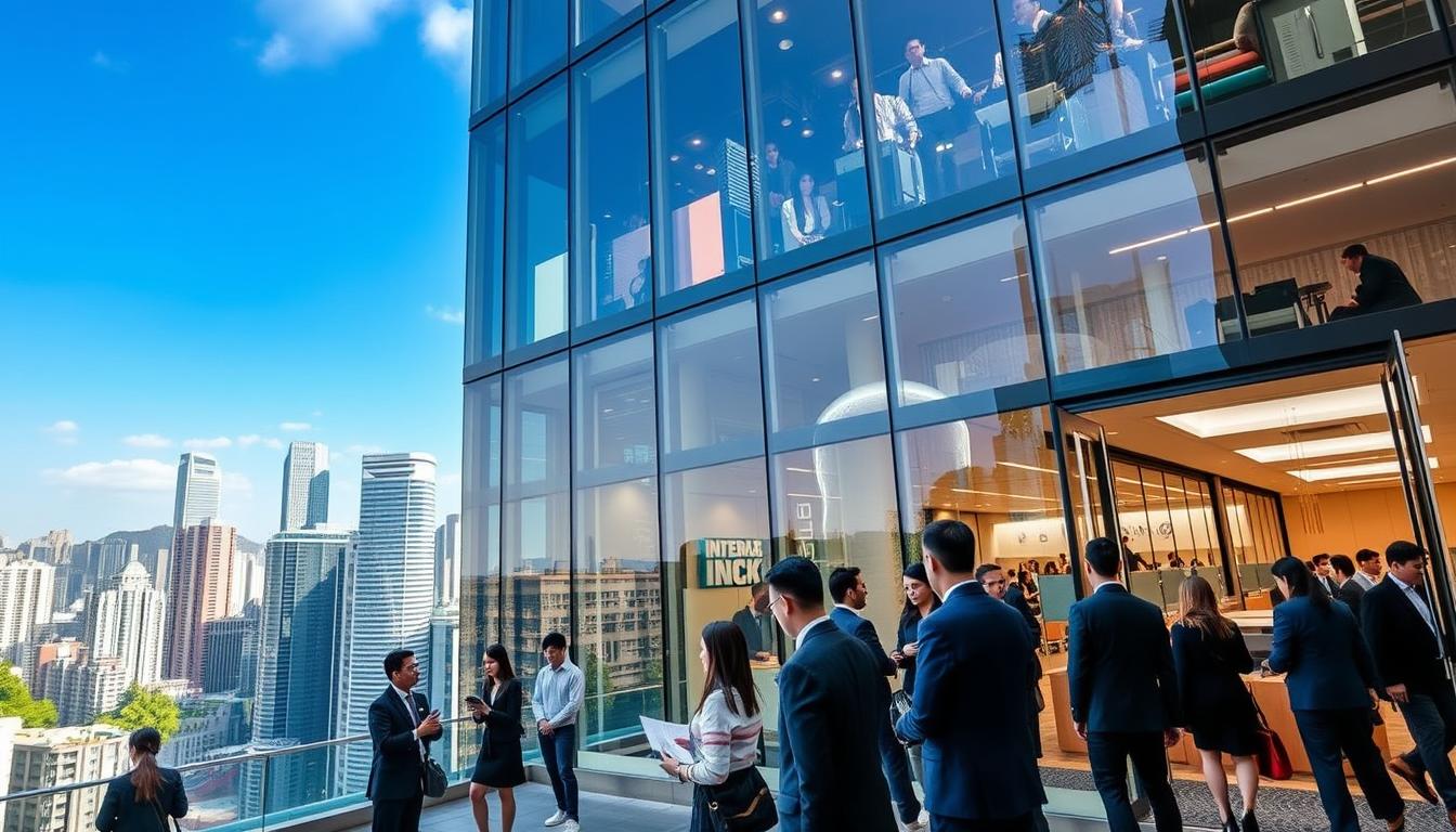 A modern office building in Wan Chai, Hong Kong, bustling with activity, showcasing competitive rental options. In the foreground, a sleek glass entrance with a welcoming lobby filled with professional individuals in business attire, discussing and viewing brochures. In the middle ground, a variety of office spaces visible through large windows, some occupied by focused professionals working at desks, others showcasing stylish meeting rooms with glass partitions. The background features the iconic city skyline with high-rise buildings under a clear blue sky, illuminated by warm, natural sunlight. The scene conveys a vibrant and competitive atmosphere, emphasizing the dynamic nature of the Wan Chai commercial real estate market.