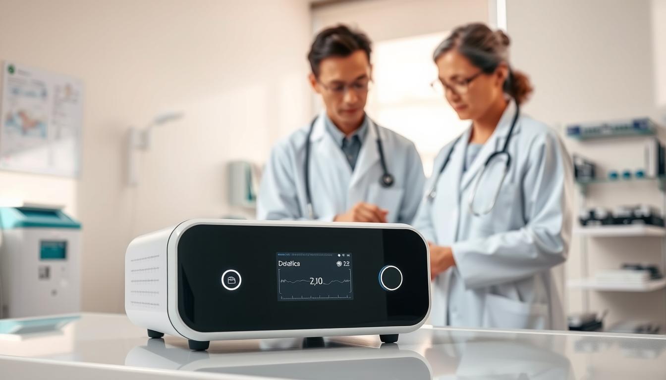 A modern sleep apnea machine prominently displayed in a clinical setting, reflecting the healthcare standards of Hong Kong. In the foreground, the machine features a sleek design with an illuminated control panel, showcasing its functionality. The middle ground includes a healthcare professional in a white lab coat, examining the device with focused attention, embodying professionalism and expertise. The background features a softly lit hospital room with medical charts and equipment subtly arranged, creating an atmosphere of care and safety. Natural lighting streams through a window, casting gentle shadows, adding a sense of tranquility and trust. The overall mood is informative and reassuring, illustrating the intersection of technology and patient care in the context of dementia support.