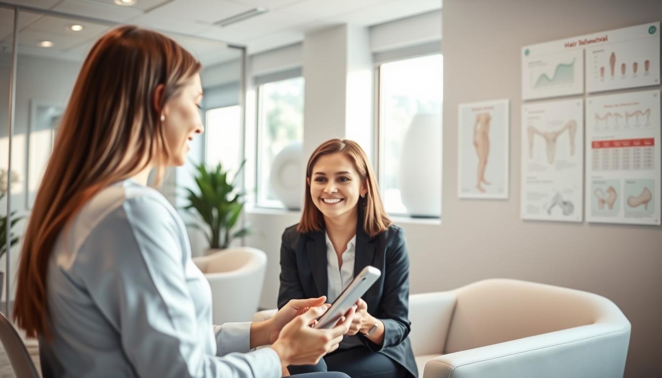 A well-lit clinic consultation room with a professional setting, showcasing a smiling female consultant in business attire, engaged in a discussion with a client. The consultant is using a tablet to explain the hair removal procedure, surrounded by diagrams and charts on the wall that illustrate the evaluation process. In the background, soft natural light filters through the glass windows, highlighting a clean and modern design with comforting colors. The atmosphere is warm and inviting, emphasizing professionalism and care. The focus is on the consultant's attentive demeanor and the client’s expression of curiosity, creating a sense of trust and personalized service in hair removal assessments.